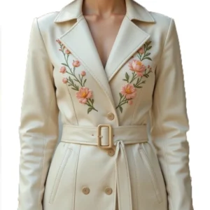 Floral Embroidered Jacket With Long Sleeve Premium Sheep Leather