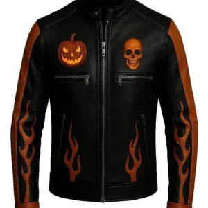 Men’s Halloween Biker Leather Jacket – Black and Orange Skull Design