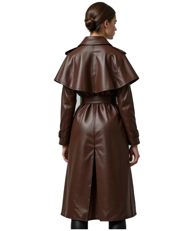 Women's Brown Leather Trench Coat Premium Sheep Leather Long Coat - Image 3
