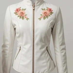 Women White JW Leather Jacket Floral Embroidered