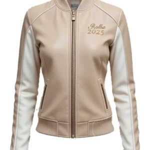Women’s Custom Beige and White Slim Fit Outerwear Jacket