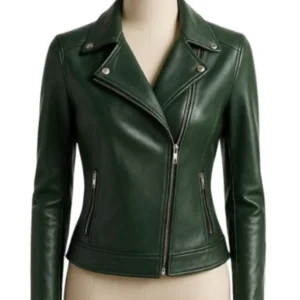 Women’s Green Biker Leather Jacket 100% Genuine Sheep Leather