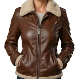 Women's Real Sheep Leather Aviator Jacket Brown 1 2 Women's Real Sheep Leather Aviator Jacket Brown
