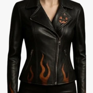 Women’s Halloween Flame Leather Jacket Premium Sheep Leather Biker Style