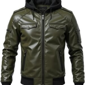 Men’s Olive Green Faux Leather Jacket with Black Hoodie