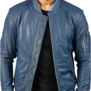 Men’s Blue Leather Bomber Jacket