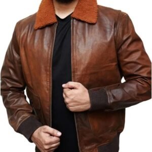 Men’s Distressed Brown Leather Bomber Jacket
