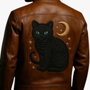Black Cat Moon Leather Jacket Handmade Brown Hallowen Bomber