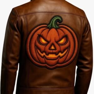 Halloween Pumpkin Leather Jacket Handmade Brown Bomber