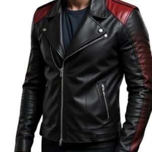 Men’s Black & Maroon Sheep Leather Biker Jacket