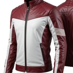 Men’s Maroon & White Leather Biker Jacket