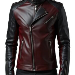 Men’s Black & Maroon Sheep Leather Biker Jacket