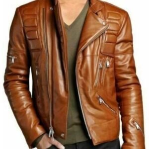 Men’s Tan Brown Quilted Leather Biker Jacket