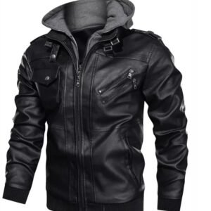 Men’s Black Hooded Leather Jacket Warm Fleece Lining
