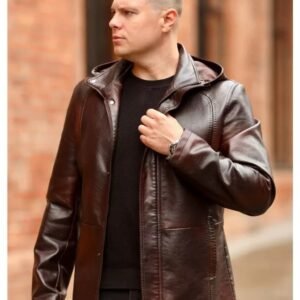 Men’s Genuine Sheep Leather Hooded Jacket – Brown Winter Coat