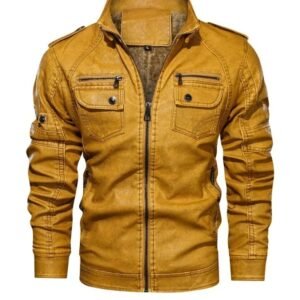Men’s Genuine Sheep Leather Military Jacket – Mustard Brown Biker Leather Jacket