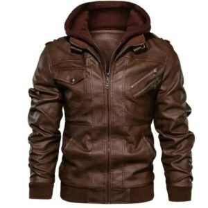 Men’s Genuine Sheep Leather Hooded Bomber Jacket – Brown Motorcycle Style