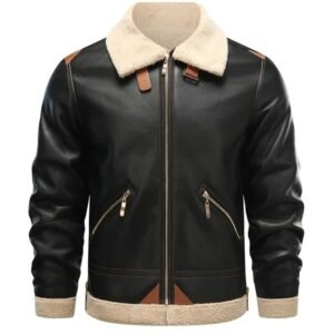 Men’s Shearling Bomber Jacket – Genuine Sheep Leather Aviator Style with Fur Collar