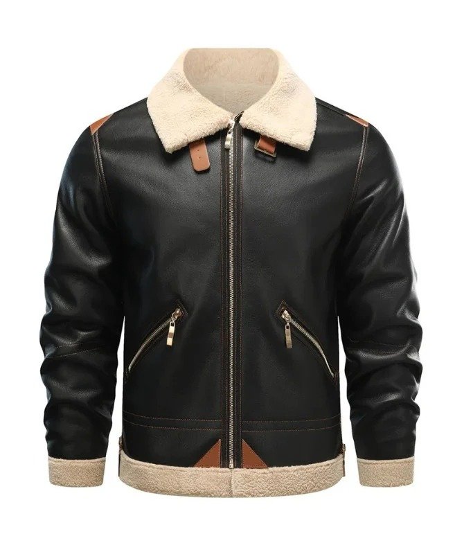 Men’s Shearling Bomber Jacket – Genuine Sheep Leather Aviator Style with Fur Collar