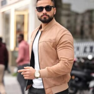 Men’s Classic Suede Leather Bomber Jacket – Premium Soft Tan Style