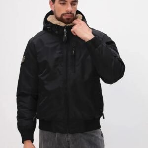 Men’s Black Hooded Bomber Jacket | Winter Warm Puffer Jacket with Sherpa Lining