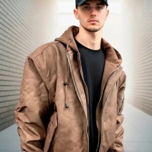 Men’s Brown Hooded Bomber Jacket – Streetwear Oversized PU Leather Style