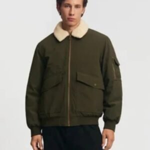 Men’s Olive Green Suede Bomber Jacket with Shearling Collar – Warm Winter Outerwear