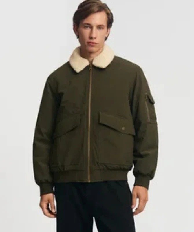 Men’s Olive Green Suede Bomber Jacket with Shearling Collar – Warm Winter Outerwear