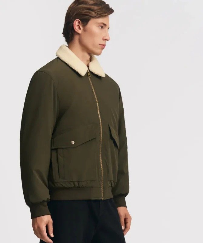 Men’s Olive Green Suede Bomber Jacket with Shearling Collar – Warm Winter Outerwear - Image 4