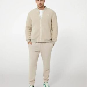 Men’s Beige Suede & Fleece Bomber Jacket – Casual Winter Zip-Up Jacket