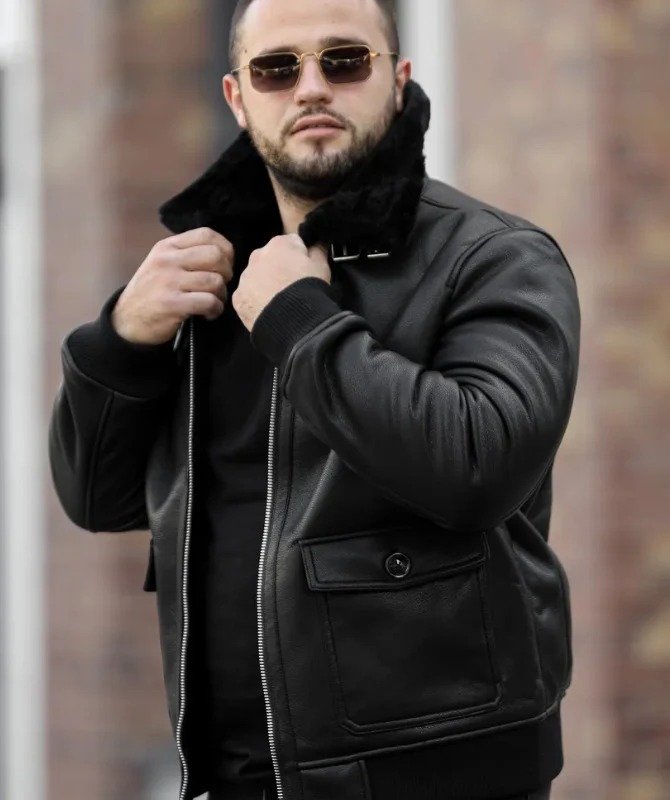 Men’s Black Shearling Collar Leather Jacket | Winter Bomber Outerwear - Image 5