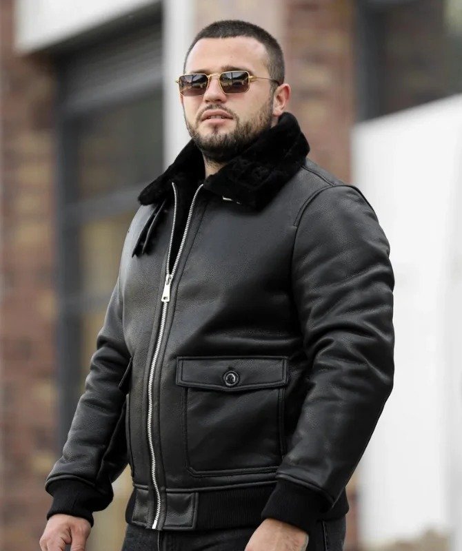 Men’s Black Shearling Collar Leather Jacket | Winter Bomber Outerwear - Image 4