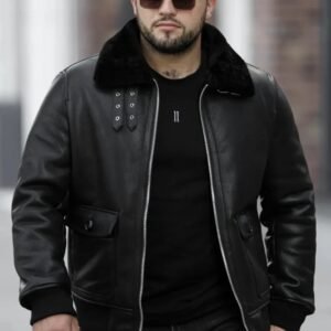 Men’s Black Shearling Collar Leather Jacket | Winter Bomber Outerwear