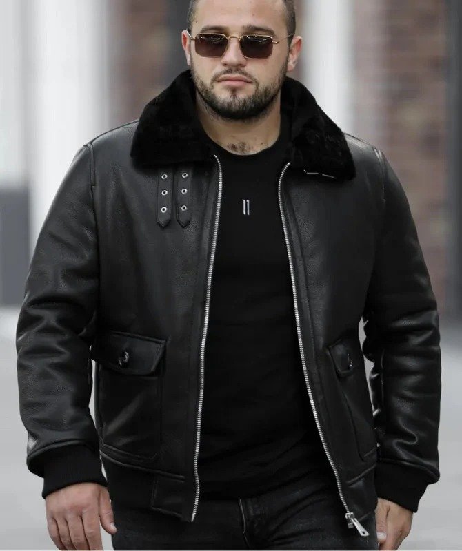 Men’s Black Shearling Collar Leather Jacket | Winter Bomber Outerwear