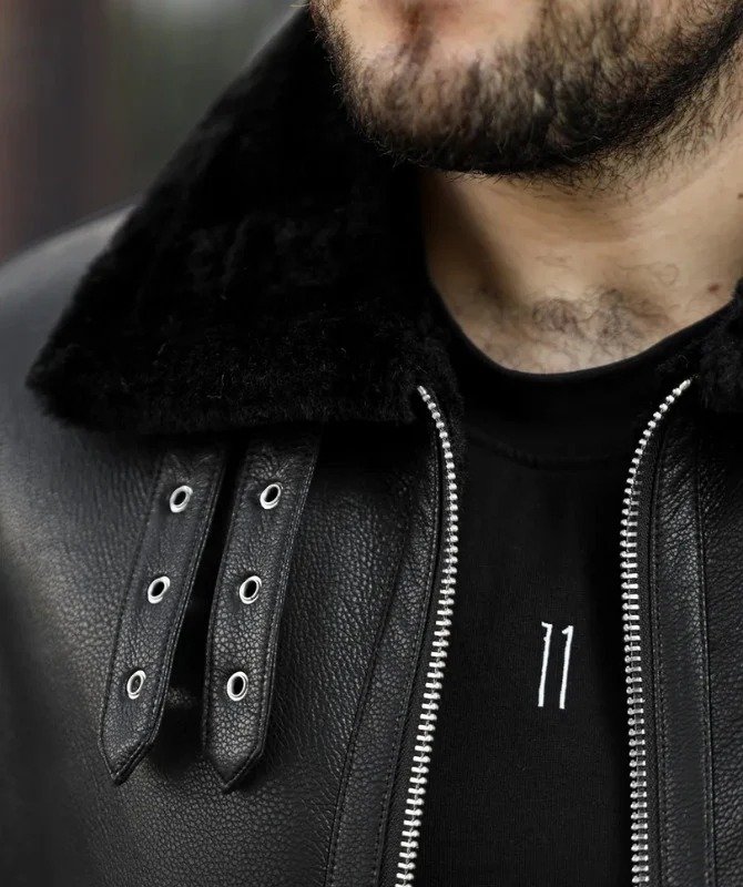 Men’s Black Shearling Collar Leather Jacket | Winter Bomber Outerwear