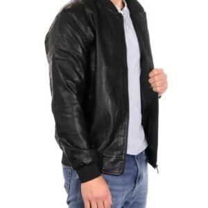 Classic Men’s Black Leather Bomber Jacket | Casual Streetwear Style