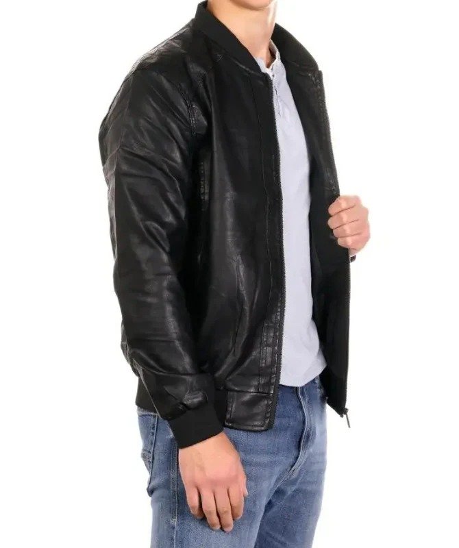 Classic Men’s Black Leather Bomber Jacket | Casual Streetwear Style - Image 6