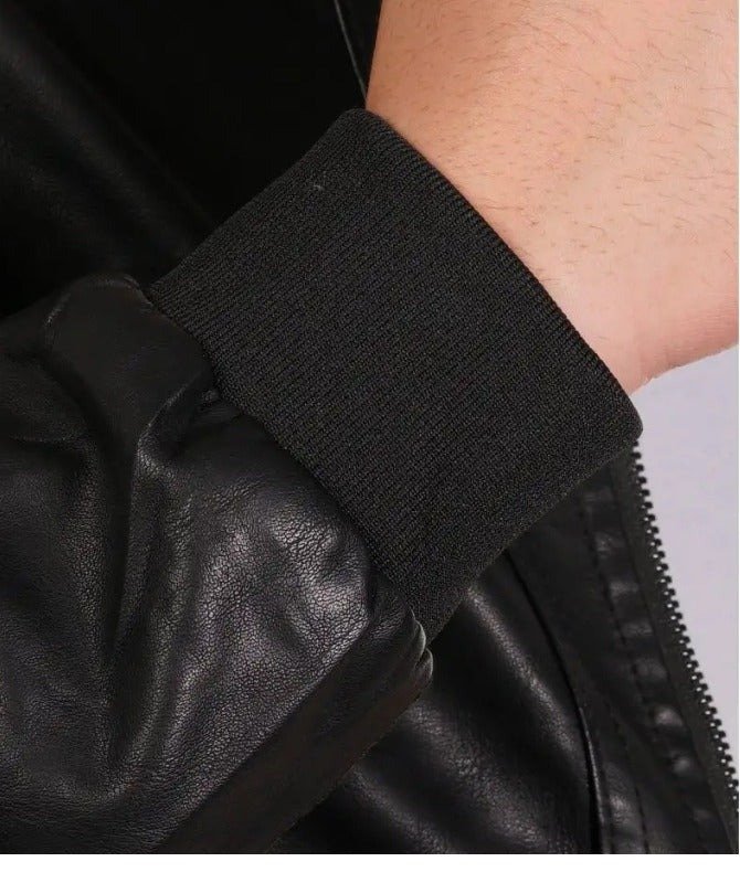 Classic Men’s Black Leather Bomber Jacket | Casual Streetwear Style - Image 3