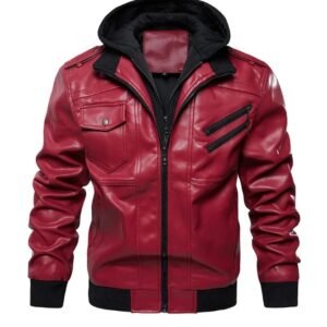 Men’s Red Faux Leather Hooded Jacket | Stylish Streetwear Outerwear