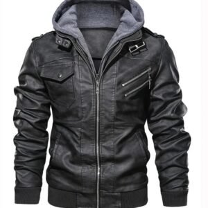 Men’s Black Faux Leather Biker Jacket with Hood | Stylish Motorcycle Outerwear