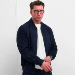 Men’s Navy Suede Leather Bomber Jacket – Classic Soft Touch Casual Style | Premium Suede Outerwear