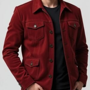 Men’s Burgundy Suede Leather Jacket – Classic Button-Up Style | Soft Genuine Suede Coat for Casual & Smart Look