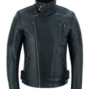 Men’s Black Sheep Leather Biker Jacket – Classic Moto Style with Quilted Shoulders