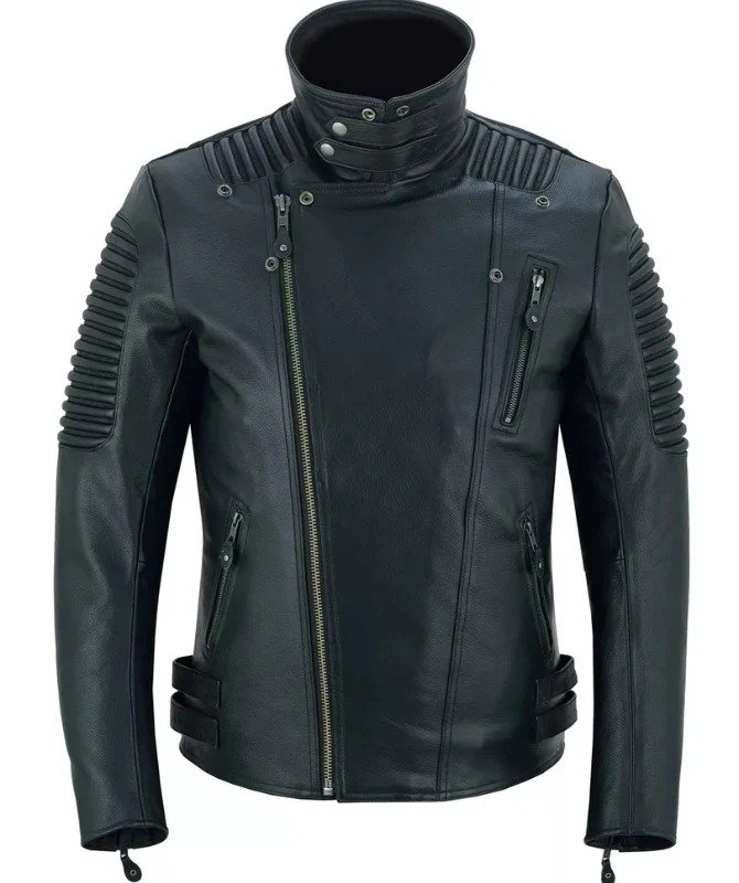 Men’s Black Sheep Leather Biker Jacket – Classic Moto Style with Quilted Shoulders