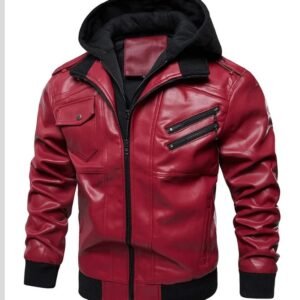 Men’s Red Sheep Leather Jacket with Hoodie – Premium Soft Genuine Leather Bomber Style