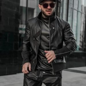 Men’s Black Faux Leather Streetwear Jacket – Asymmetrical Zip Design