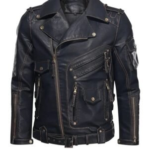Men’s Black Biker Leather Jacket | Classic Motorcycle Jacket with Zipper & Belt Design