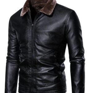 Men’s Black Sheepskin Leather Jacket with Fur Collar – Winter Warm Biker Style Coat