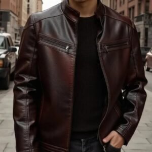 Men’s Dark Brown Sheepskin Leather Jacket – Classic Café Racer Style with Front Zipper Pockets