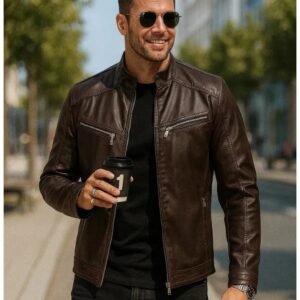 Men’s Brown Sheepskin Leather Jacket – Classic Café Racer Style with Front Zipper Pockets